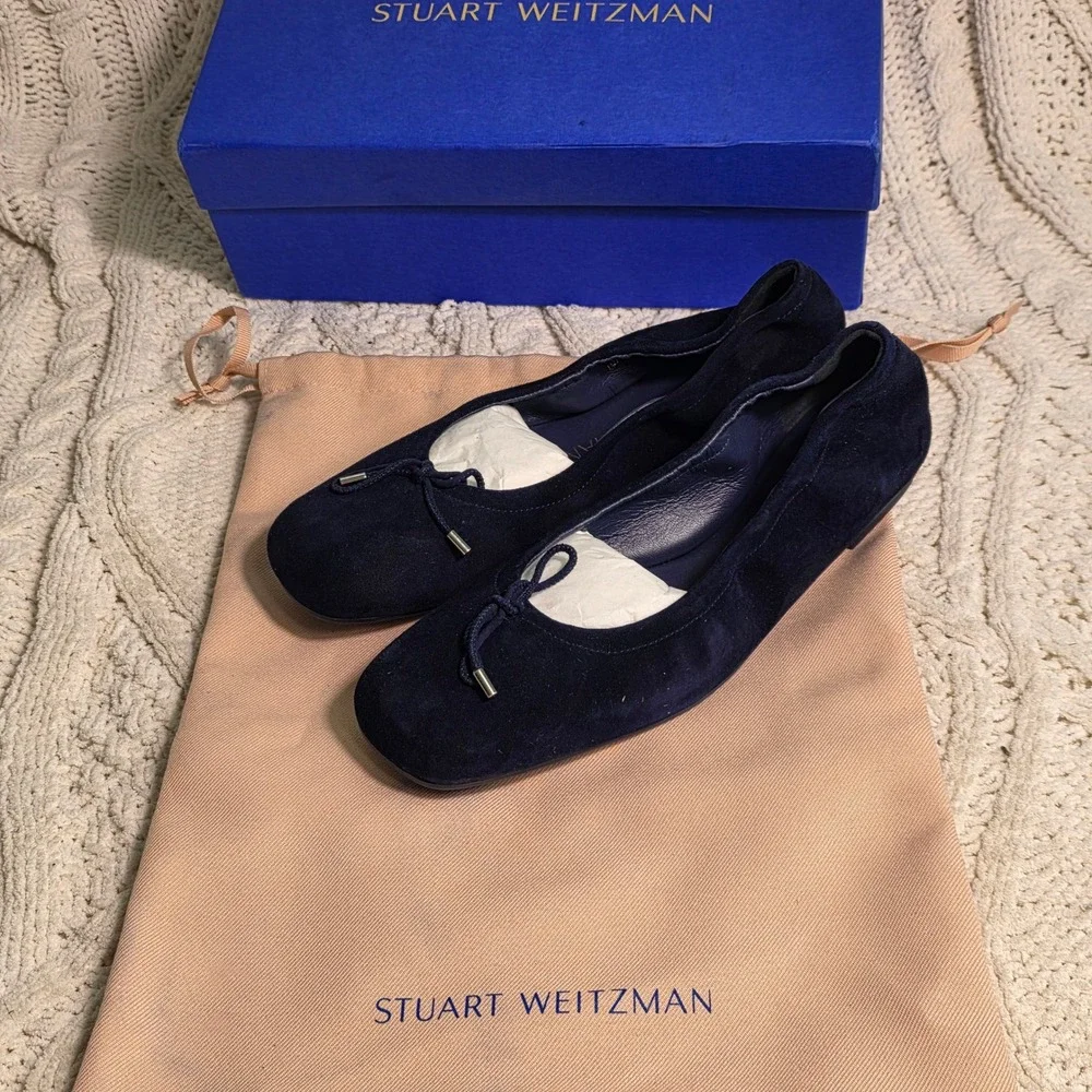 Stuart Weitzman Bardot Bow Ballet Flats Navy Blue Suede Leather Womens 8B New